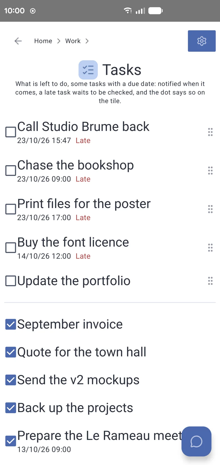 Un outil Liste dans l'app